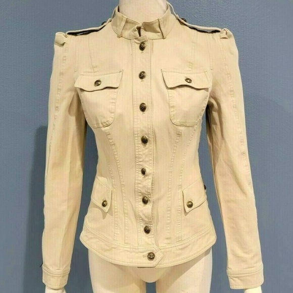 BETSEY JOHNSON khaki tan skull buttons denim jean military jacket, size 0 - Picture 2 of 13